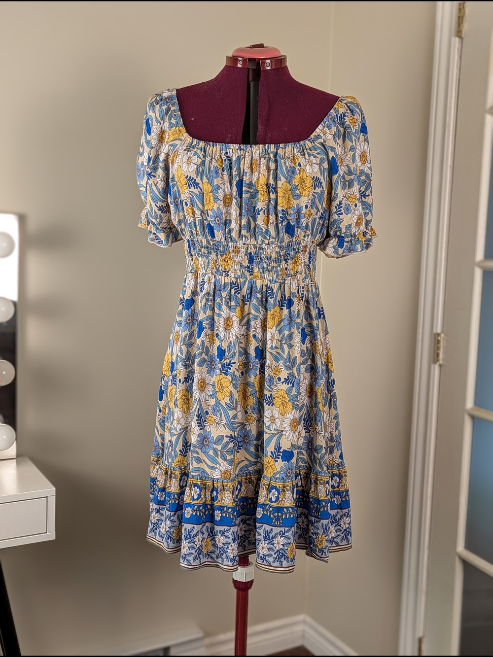 Blue and Yellow Floral Midi Dress with Puff Sleeves